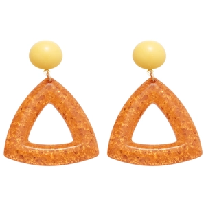 Minimalist resin geometric earrings with yellow ball studs and amber triangle pendants