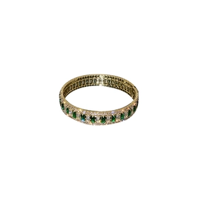 Elegant gold-tone bangle with green rectangle stones and white cubic zirconia accents