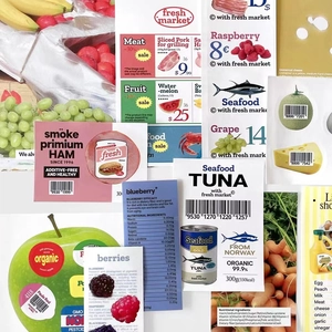 Collage of food-themed scrapbooking stickers with fruit and grocery labels