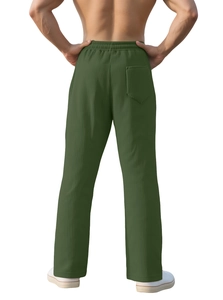 Rear view detail of men's dark green vertical striped corduroy straight leg casual trousers