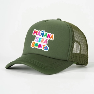 Army green trucker hat with colorful Mañana Será Bonito print and mesh back design