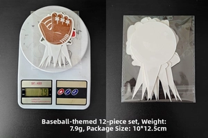 Set of 12 baseball themed cupcake toppers with dimensions and weight measurements