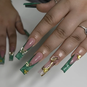French green marble long press-on nails with luxury gold butterfly and crystal accents