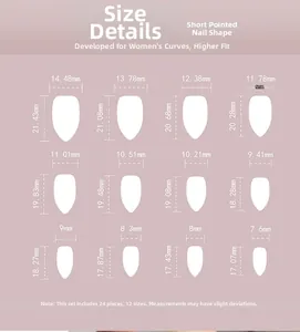 Size chart for short stiletto press on nails featuring 12 different widths and lengths in mm