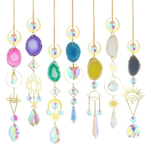Agate slice suncatcher with crystal prism pendants and gold celestial metal moon motifs