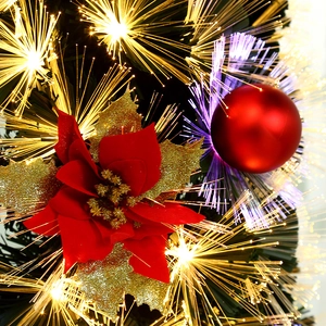 Luminous fiber optic Christmas garland with red poinsettia and golden glitter leaves