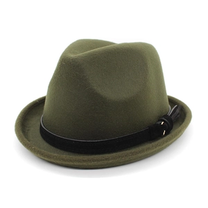 Close-up of olive green wool fedora hat featuring a black leather band and metal buckle