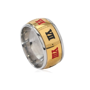 Men's poker style titanium steel ring with roman numerals and two-tone gold silver finish