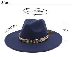 Size chart for navy wool fedora showing 57-58cm circumference and 9cm brim width