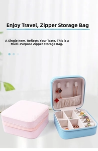 Macro detail of portable jewelry box showing zipper, necklace hooks, and ring slots