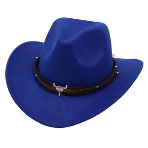 Blue felt cowboy hat with bull skull metal emblem and upturned brim for kids