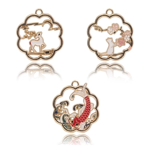 Three enamel alloy pendants featuring deer, cat, and koi fish with gold metal frames