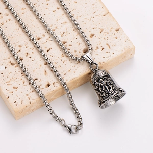 Vintage punk bell pendant necklace for men with St. Michael angel wings engraving