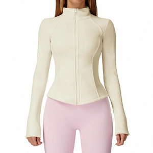 Women's cream white fleece outdoor thermal jacket with thumbhole cuffs and slim fit design
