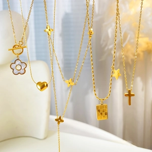 Golden titanium steel necklaces with diverse flower, heart and star pendants for women