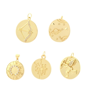 Gold-plated round coin pendants featuring cupid and celestial embossed designs with zircon