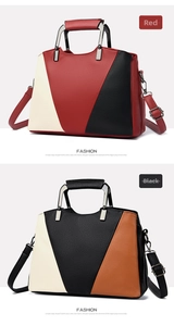 Detail of color-block tote bags in pebbled leather with metallic handles and straps