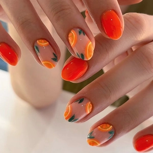 Summer Grapefruit Press On Nails Orange Red Fruit Design Short Oval Shape Plastic Artificial False Nails For Women