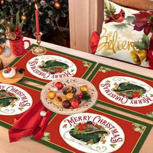 Christmas placemats and pillow set with red sleigh patterns for festive table decor