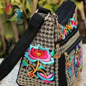 Detail showing colorful floral embroidery and gold zipper on ethnic canvas bag