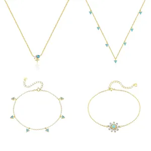 North Star Sunflower Necklace Bracelet Anklet 925 Sterling Silver 18K Gold Plated Zirconia Turquoise Artificial Pearl Jewelry Women