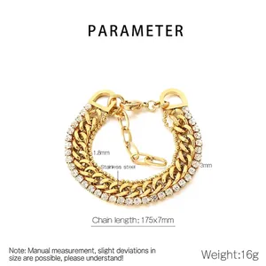 Macro detail of triple-layer gold stainless steel chain bracelet with cubic zirconia