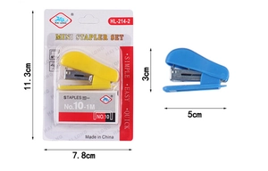 Mini stapler set dimensions 5x3cm with No.10 staples and packaging size 11.3x7.8cm