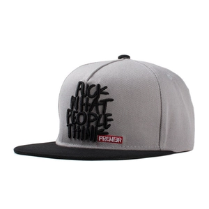 Grey and black snapback baseball cap with FUCK WHAT PEOPLE THINK 3D embroidery