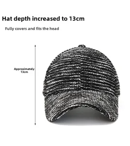 Detail view of monochrome tweed baseball cap showing the 13cm deep fit design
