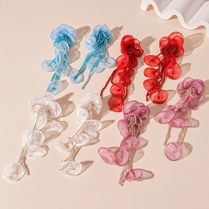 Handmade floral tassel earrings with tulle petals and beads in four summer colors