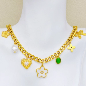 Bohemian Chunky Chain Necklace Stainless Steel Multi Charm Faux Artificial Pearl Shell Turquoise Heart Flower Butterfly Vintage Women