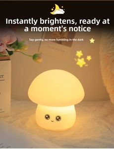 Close-up of mushroom-shaped silicone night light with cartoon face in warm yellow glow