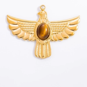 French retro 18k gold plated eagle pendant with tiger eye stone and polished wings