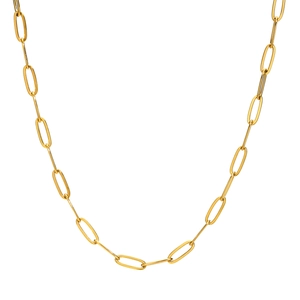 Golden oval link chain necklace in polished stainless steel on a white background