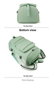 Detail showing the bottom view and flat lay of the mint green waterproof travel bag