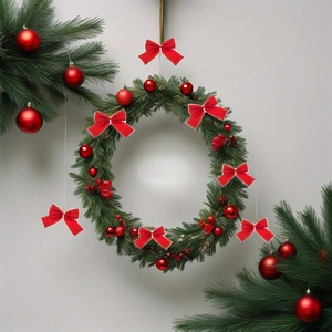 Christmas wreath with artificial pine needles, red ornaments, and decorative bows on a wall