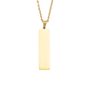 Polished gold rectangular bar pendant necklace in stainless steel on white background