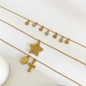 Gold-plated titanium steel necklaces with star, cross, and rhinestone clover pendants