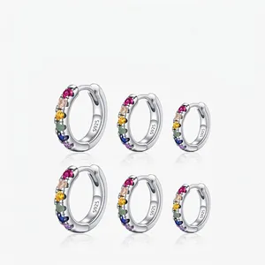 Rainbow Colorful Zircon Hoop Earrings 925 Sterling Silver Minimalist Elegant Versatile Jewelry Gift For Women Girls