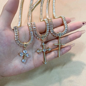 Luxury Copper Zirconia Cross Pendant Necklace For Women Iced Out Tennis Chain Hip Hop Minimalist Fashion Jewelry Gift