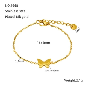 Detail view of 18k gold plated butterfly bracelet with precise size and weight measurements
