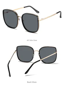 Detailed side and back view of black square sunglasses with gold metal temples