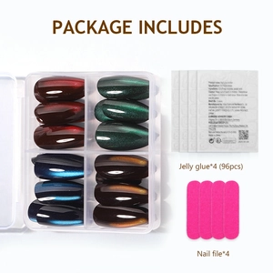 Cat eye nail set with 4 color packs, 96 adhesive tabs, and pink nail files on white background