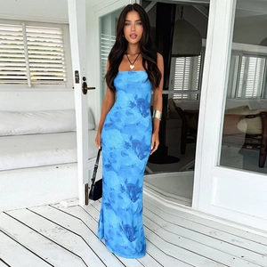 Abito Maxi Senza Spalline Poliestere Spandex Stampa Floreale Schiena Scoperta Aderente Sexy Vacanze Estive Moda Donna