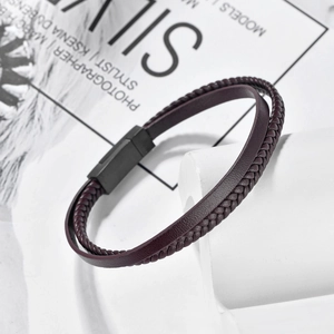 Deep purple woven leather bracelet for men with black stainless steel magnetic clasp