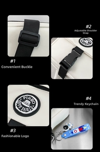 Detail view showing adjustable nylon strap, buckle, rubber badge, and astronaut keychain charm