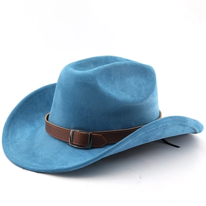 Seitenansicht des hellblauen Western-Cowboyhuts aus Wollfilz mit braunem Lederband und Krempe