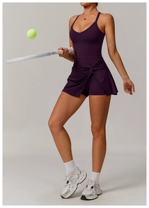 Detail of cross-knot skirt and high-elastic fabric on deep purple tennis dress