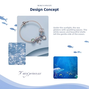 Detail of S925 silver ocean charm bracelet with blue zircon seashell and starfish beads