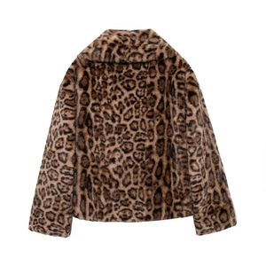 Detail view showing the back texture and pattern of the leopard print faux fur coat